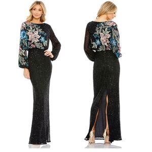 NWT Mac Duggal Embellished Sequin Long Sleeve Blouson Gown size 4 $ 598.00